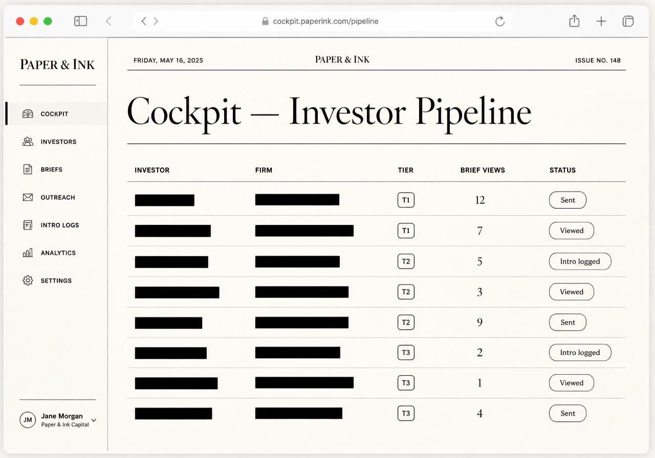 Investor pipeline table with investor and firm names redacted