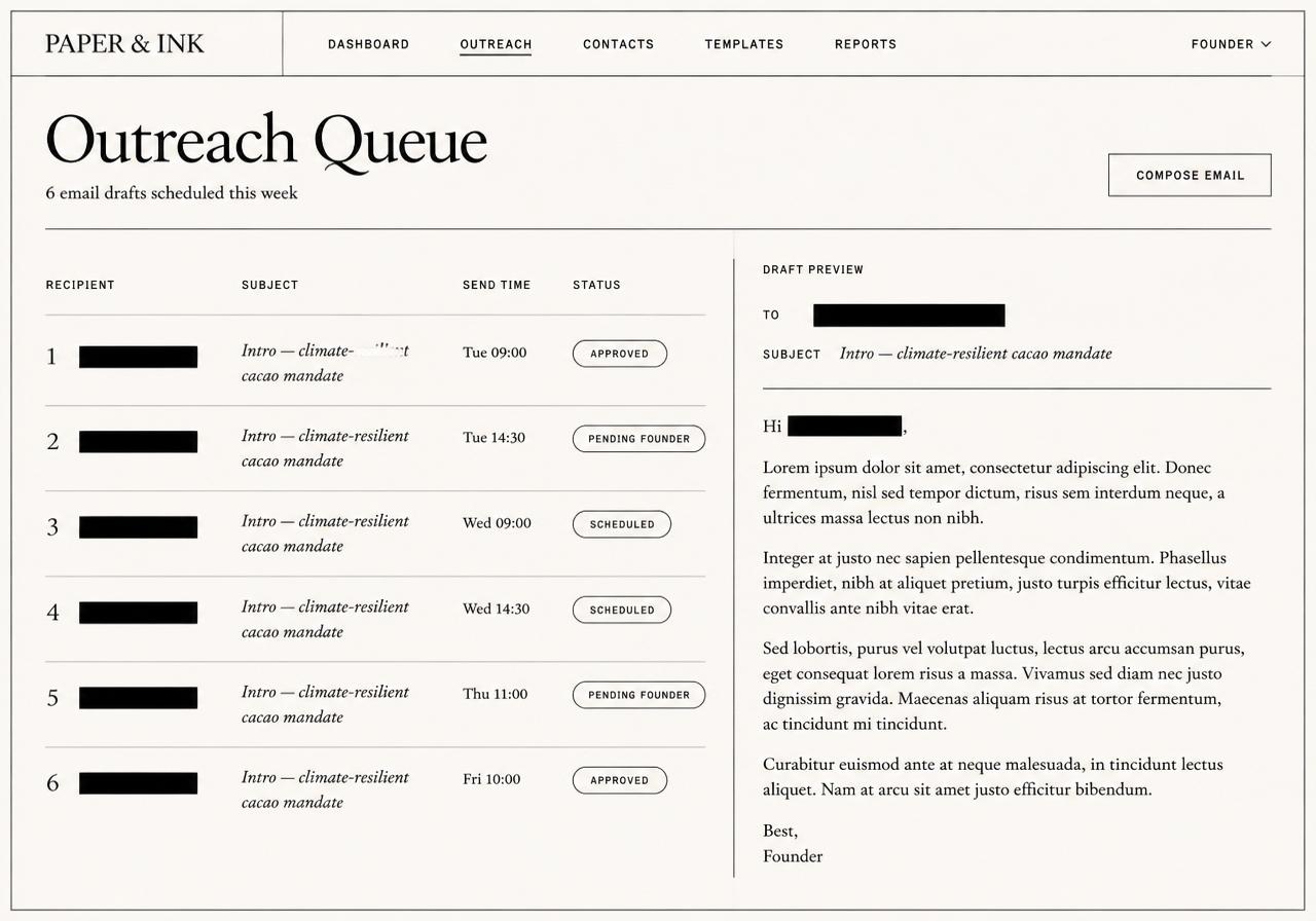 Outreach queue with recipient names redacted
