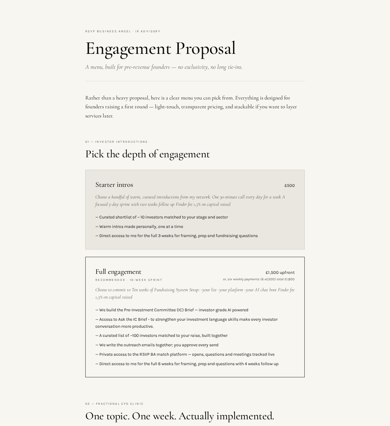 Proposal page with service tiers and intake form
